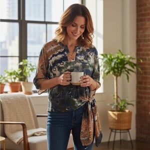 TRAVEL ELEMENTS Semi Sheer Metallic Animal Print Banded Tie Waist Top